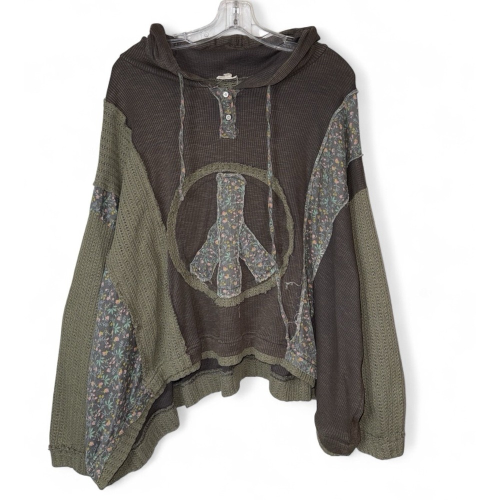 POL Large Oversized Peace Sign Patchwork Hoodie Top Floral Boho Hippie Thermal